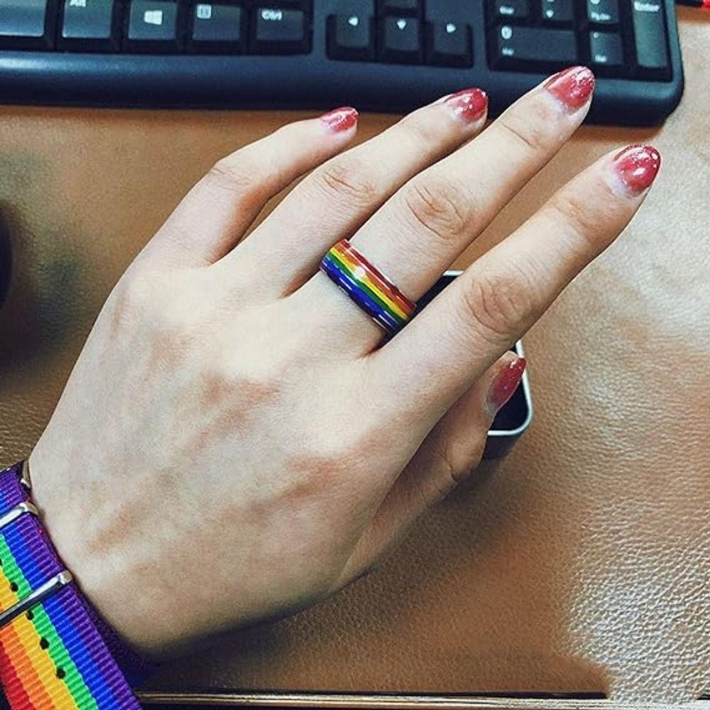 Rainbow Stripe Unisex Couple Rings Stainless Steel Finger Knuckle Bands Engagement