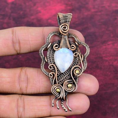 Rainbow Moonstone Pendant Copper Wire Wrapped Pendant Natural Gemstone Jewelry