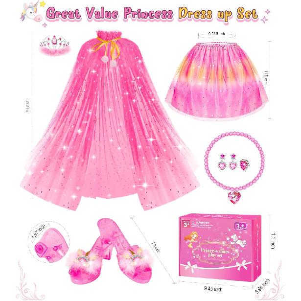 Princess Dress Up, Dress Up Clothes for Girls Princess Toys Set with Princess Capes Princess Shoes Princess Dress Jewelry, Birthday Christmas Gifts