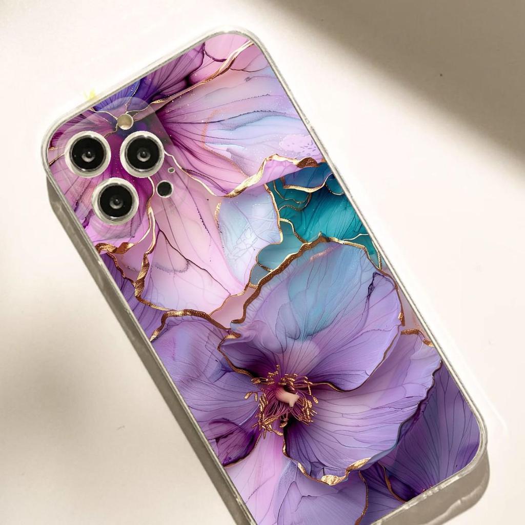 Purple Flower Anti-Fall Transparent Case for iPhone 14-17 Pro Max