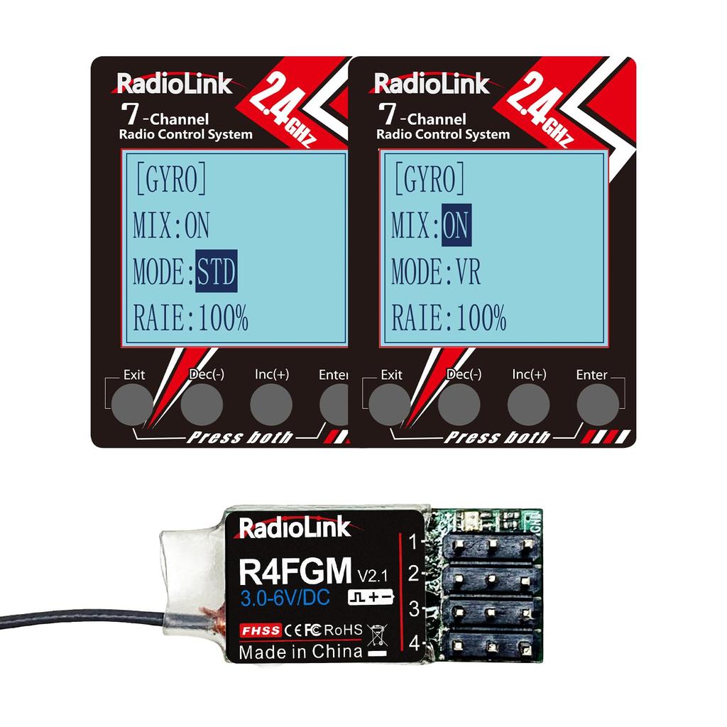Radiolink R4FGM V2.2 4-Channel Mini Gyro Receiver for 128 RC Miniature Cars and Boats, Compatible with 3-10V High-Voltage Servo Control, 400M