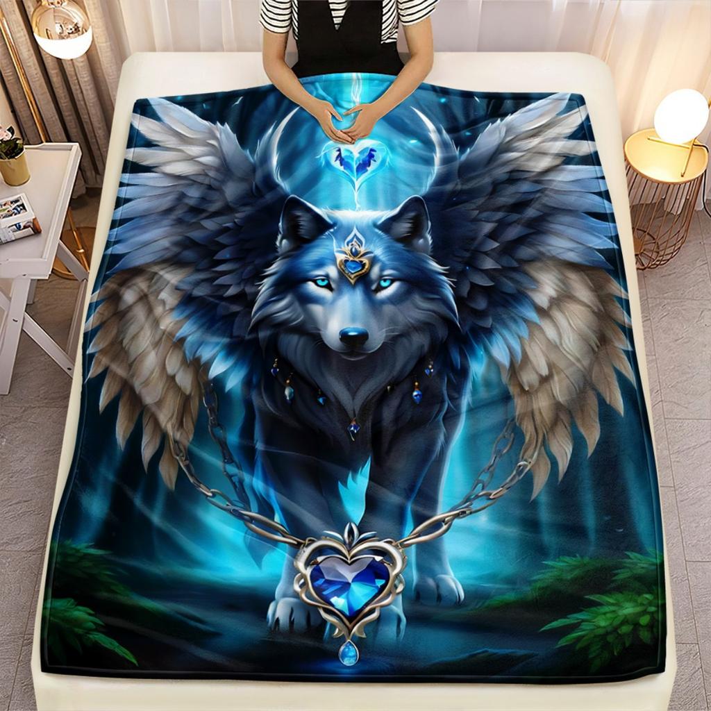 1pc Winged Wolf & Wolf with Glowing Blue Eyes - Northern Lights Night Scene Flannel Blanket - Extra Large Throw for Bed, Sofa, C