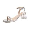 One-word Sandals Women's Summer 2025 New Crystal Thick Heel Medium Heel with Skirt Temperament Silver High Heels