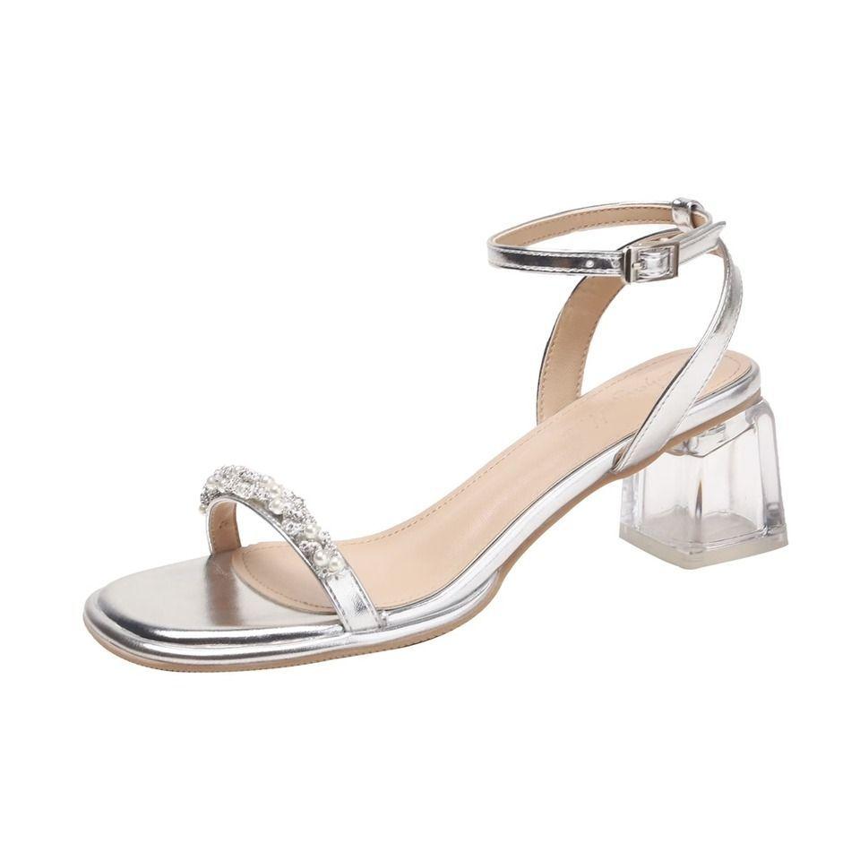 One-word Sandals Women's Summer 2025 New Crystal Thick Heel Medium Heel with Skirt Temperament Silver High Heels