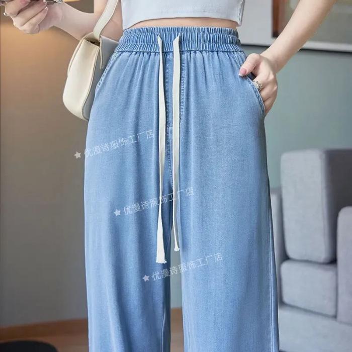 

Женские джинсы из тенселя с высокой посадкой - Прилегающие, Драпирующиеся, На кулиске, Широкие штанины - Коллекция весна/лето 2025 S синий