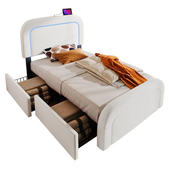 Cadre De Lit - MUVOE - 90x200 Cm - USB Type C - Éclairage LED - 2 Tiroirs