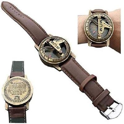 Wrist Watch Compass Navigation with Brass Sundial and Leather Band