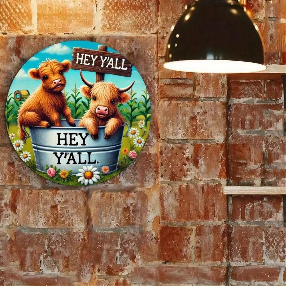 Metal Wall Art Highland Cow Sunflower Sign Rustic Round Decor Home Farmhouse Garden
