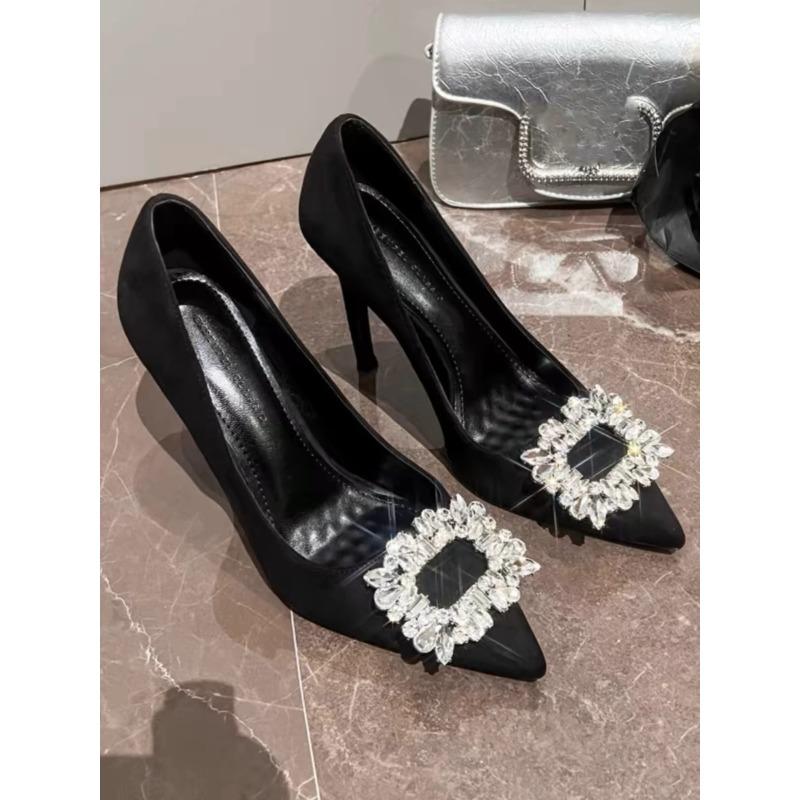 Black High Heels Women's Thin Heels New Spring and Summer Pointed Suede Shallow Mouth Square Buckle Rhinestone Temperament Single Shoes