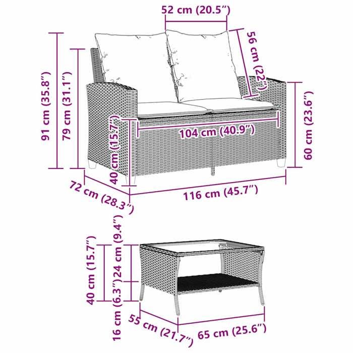 VidaXL Garden Sofa 2-seater Cushions and Table Light Grey Polyrattan, Outdoor Sofa, Garden Loveseat, Sofa of 4103850