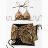 Summer Beach Holiday Three Piece Bikini Set Women Solid Shiny Halter Sexy Lace-up Swimsuit Set Women with Skirt Backless Casual Bikini Suit 24338
