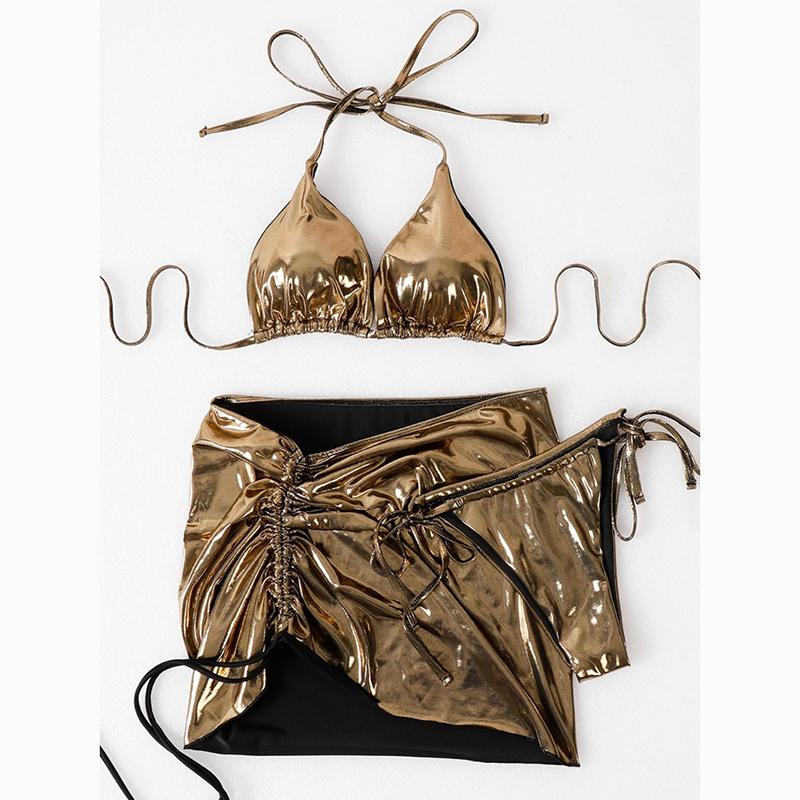 Summer Beach Holiday Three Piece Bikini Set Women Solid Shiny Halter Sexy Lace-up Swimsuit Set Women with Skirt Backless Casual Bikini Suit 24338