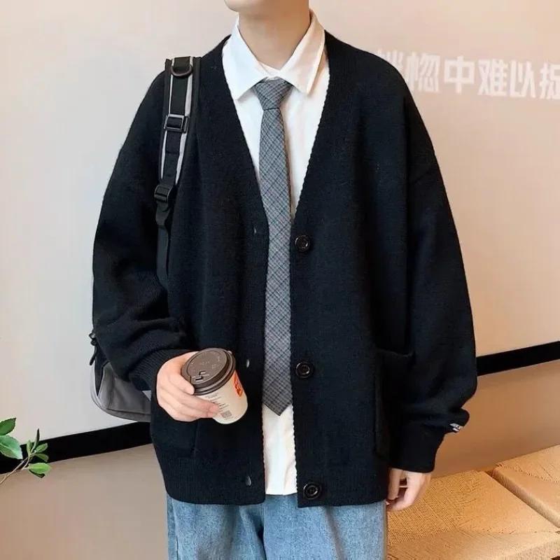 

Мужская одежда с карманами вязаные свитера для мужчин пальто однотонный однотонный жакет кардиган значок V-образный вырез оверсайз уродливая корейская мода L чёрный