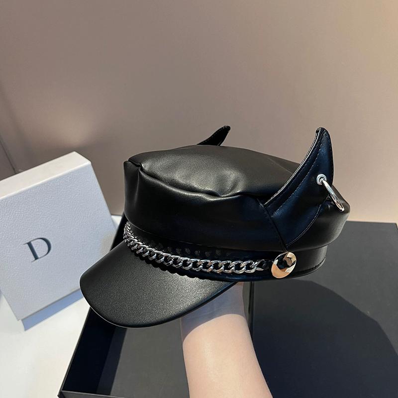Korean Style Pu Leather Horn Eared Beret Design Retro Duckbill Cap Women Men Autumn Winter Street Fashion Personalit Newsboy Hat One Size