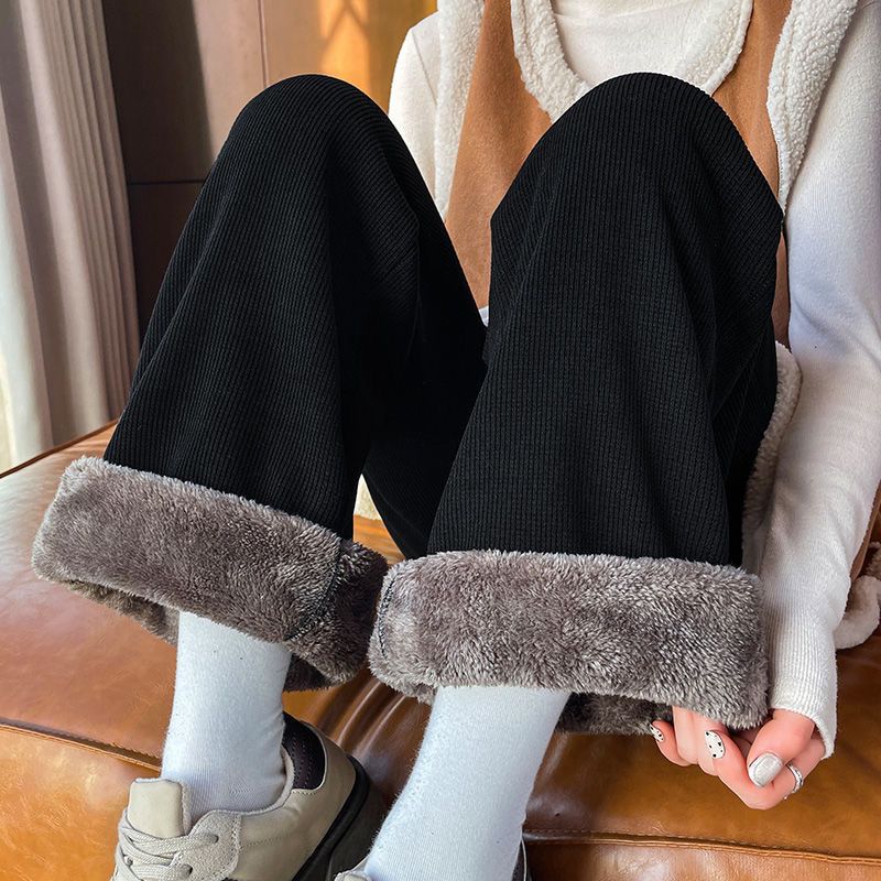 Calças femininas de inverno com elástico na cintura e forro de lã grossa, calças casuais de veludo cotelê com perna reta e quentes