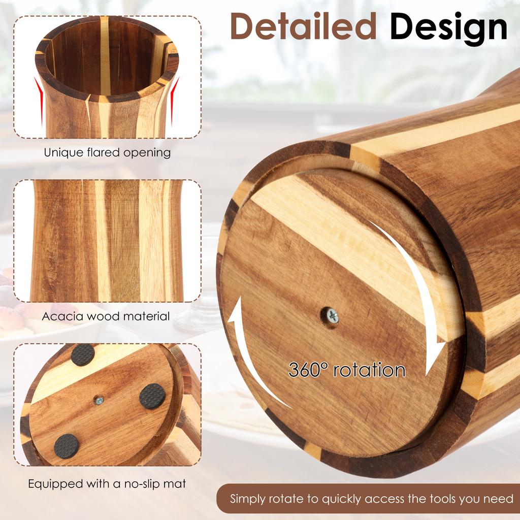 360° Rotating Utensil Holder Wood Kitchen Tableware Storage Holder Nonslip Countertop Organizer for Home Cooking Tool Organizer 2