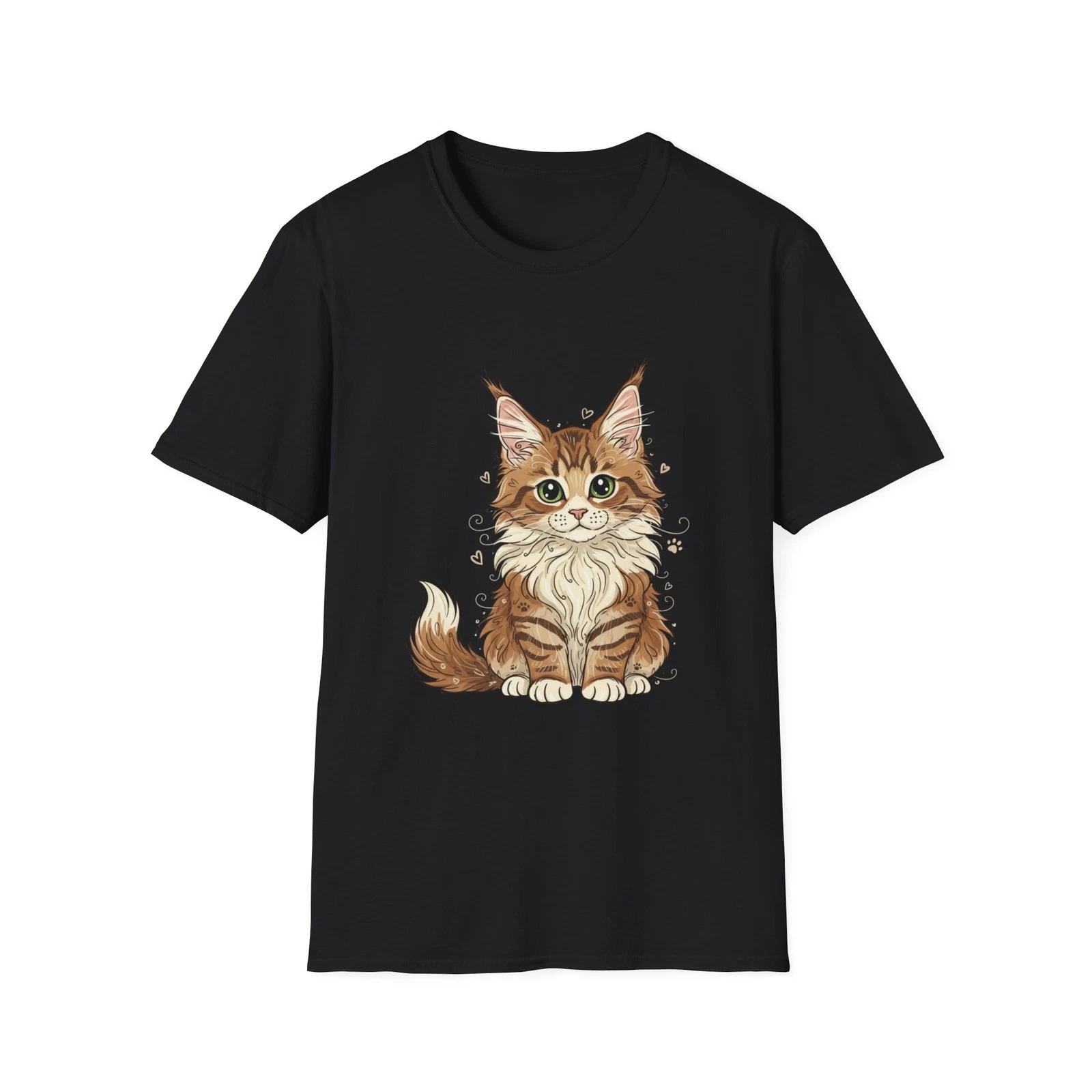 Cat Cute Illustrated Kawaii Black Tee Nature Hearts Graphic T-Shirt 4XL
