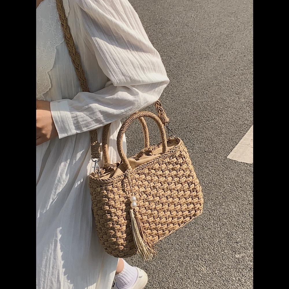 Vacation Casual Woven Fringe Drawstring Tote Bag, Fashion Summer Vacation Bag, Beach Essentials Women Bags For Vacation & Holiday