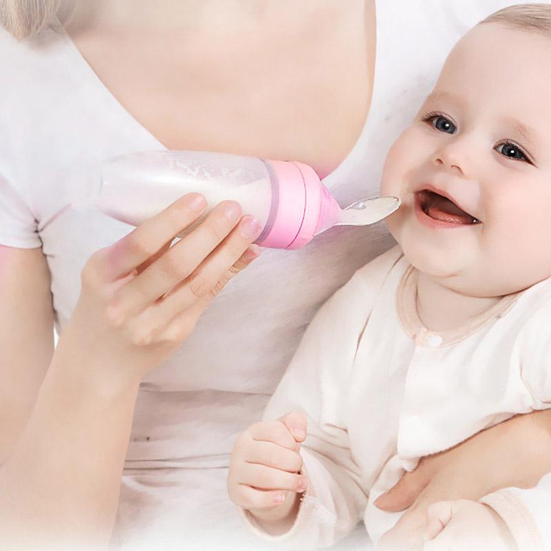 Feeding Bottle Spoon Baby Food Feeder Silicone Dispenser Base Suction Cup Safe Using Pink
