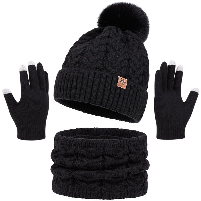 3Pcs Women Winter Hat Scarf Gloves Set Christmas Fur Ball Teenager Beanie Neck Warmer Suit Pompom Knitted Woman Men Cap Set