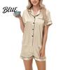 Casual Daily Wear Pajamas 2 Pcs/Set Suit Satin Single-breasted Cardigan Shirt V Neck Notch Collar