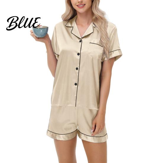 Casual Daily Wear Pajamas 2 Pcs/Set Suit Satin Single-breasted Cardigan Shirt V Neck Notch Collar