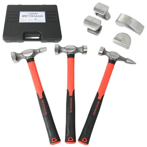GEARMAN Sheet Metal Hammer with Dolly and Hammer Case, Metalworking Set, 7-Piece Set with 3 Hammers and 4 Dollies, Red, for Repairing Dents and Repair