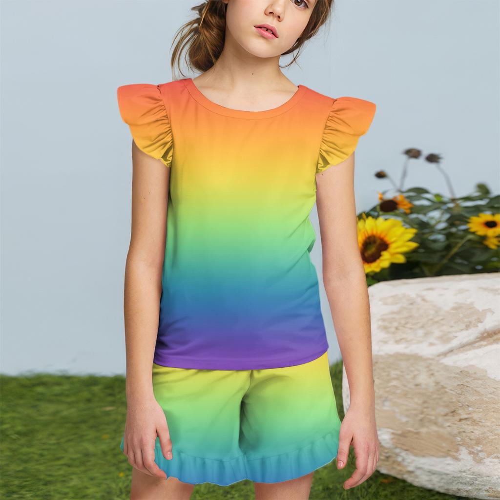 Summer Girls Cute Suit Flying Sleeves T-shirt Top + Ruffled Shorts Daily Outdoor Wear Cute Casual Fashion 2-Piece Set