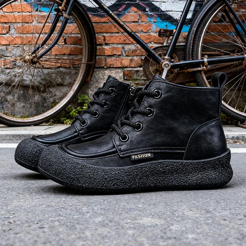 Retro Short Boots Women's Autumn and Winter New Thick-soled Round Head Lace-up Martin Boots Flat-bottomed Velvet Warm Women's Boots