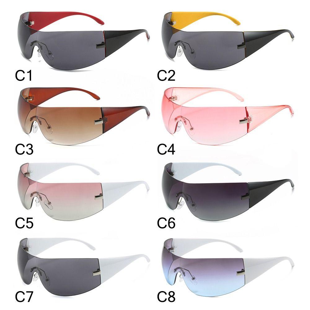 Trendy Futuristic Hip Hop One Piece Y2K Sunglasses Sun Glasses Rimless Wrap-Around