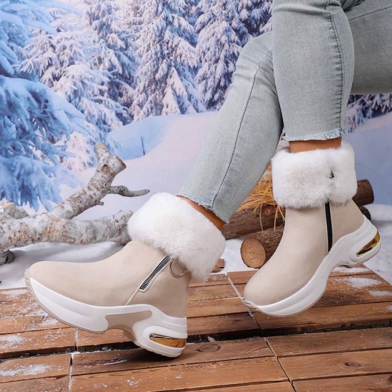 Große Größe Wildleder Schneestiefel Damen Neu Flauschig Kurzer Schaft Mit Fleece Zum Warmhalten Und Erhöhen Der Höhe Modisch Baumwollstiefel