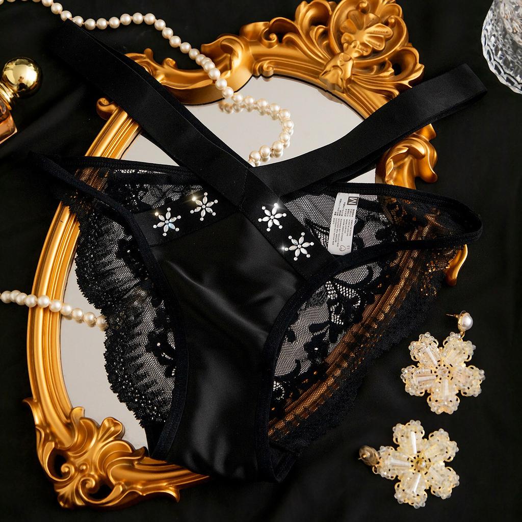 Diamond Decoration Bow Mid Waist Panties Lace Sexy Breathable High Elasticity Women’s Panties