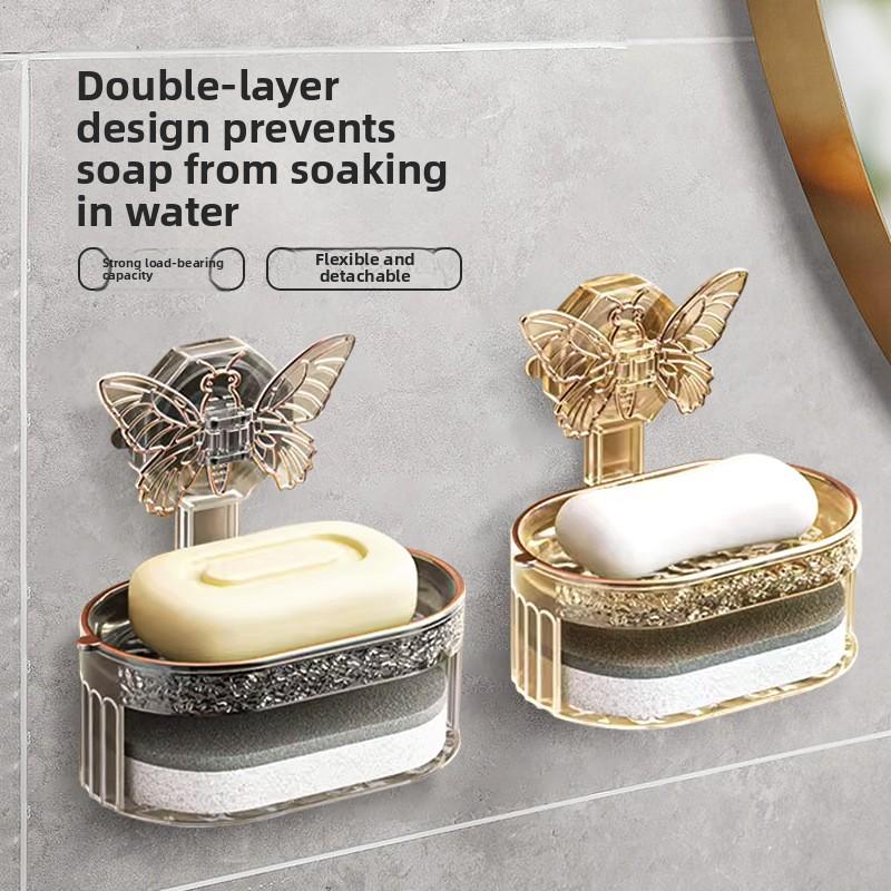 1PCS Punch-free Butterfly Suction Cup Soap Box Double-layer Soap Drain Storage Rack Kitchen and Bathroom Wall-mounted Soap Box