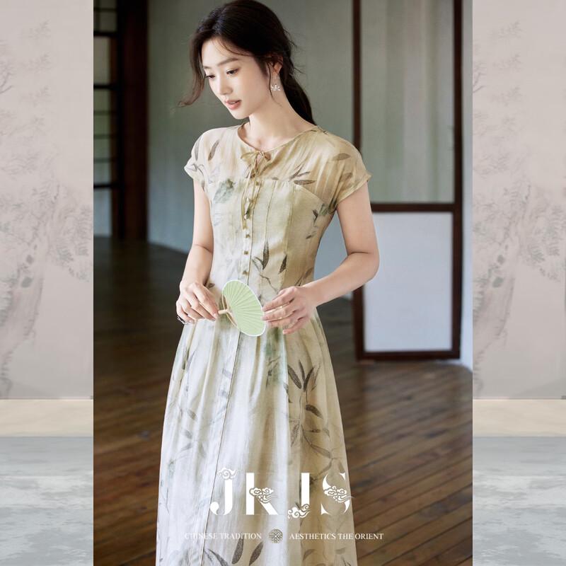 JK&JS Qingzhuxu Guofeng Tencel Linen Floral Cheongsam Dress