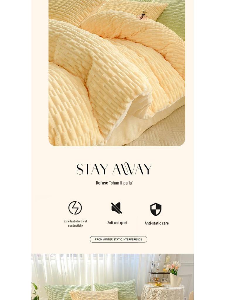 Mother and Baby Rabbit Velvet 4-Piece Set: Coral Fleece Duvet Cover, Solid Color Fitted Sheet, Milk Velvet 3-Piece Set for Single/Double Bed.