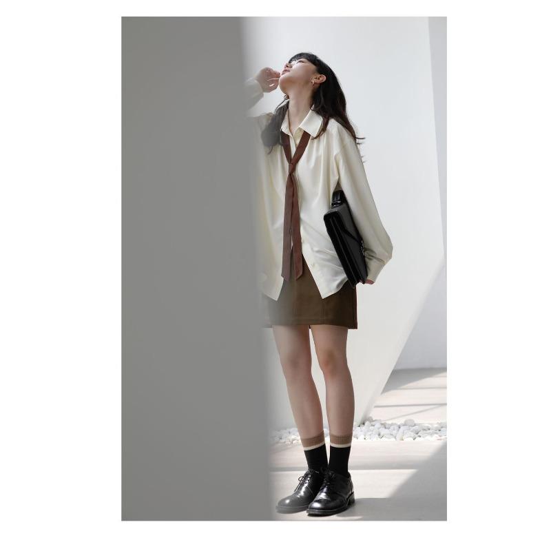 Elegant Long Sleeve Shirt Women Korean Solid Tie Chic Button Blouse Loose Harajuku All Match Office Ladies Simple Tops Summer