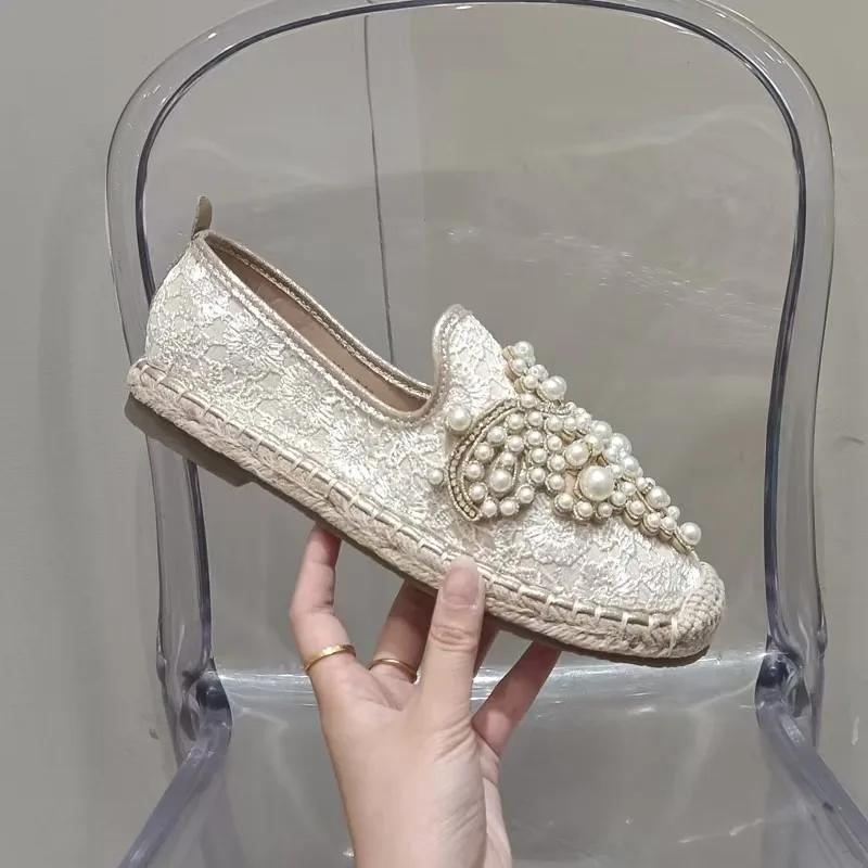2026 New String Bead Half Slippers Spring Slides Women Shoes Pearl Hemp Women Cotton Fabric Lace Shoes