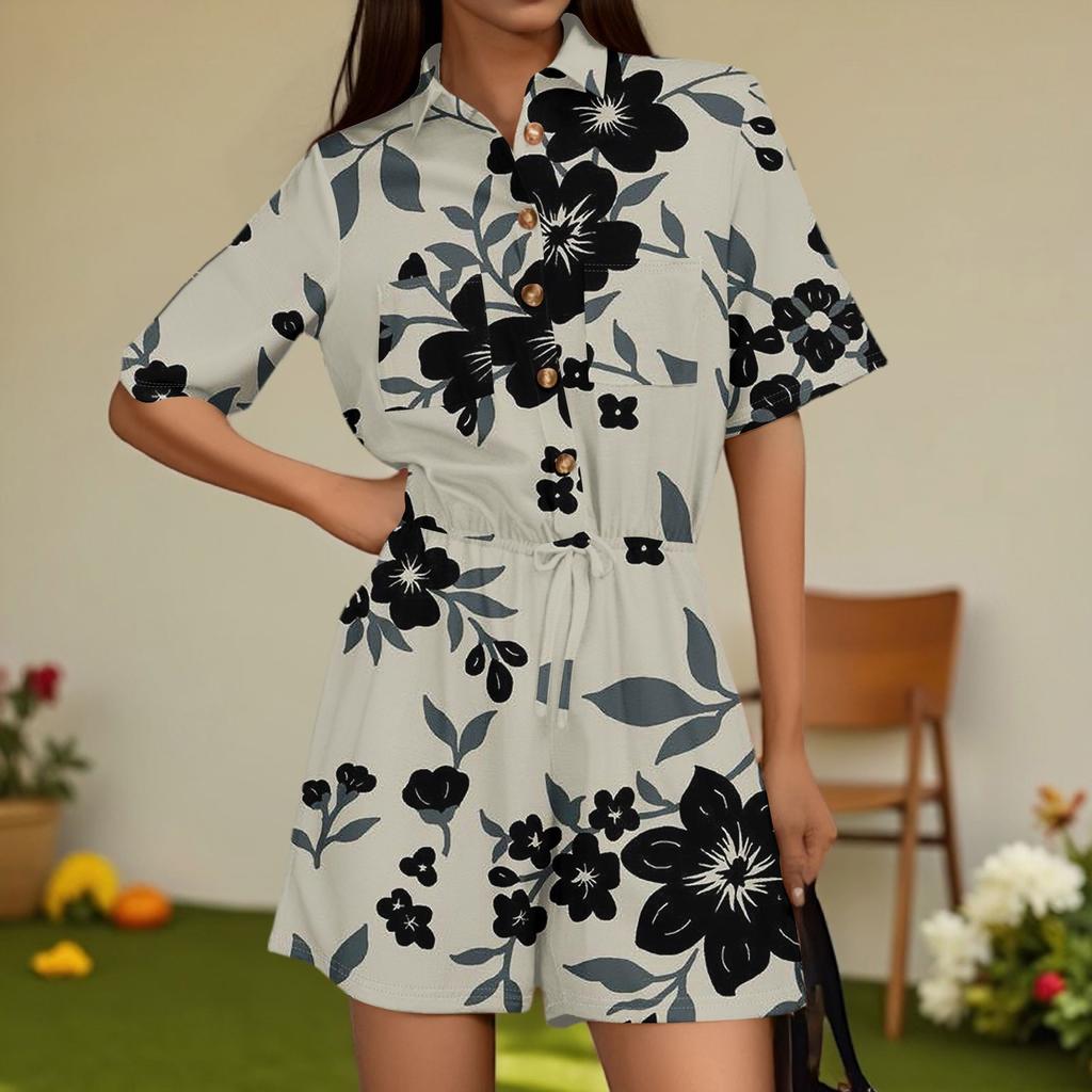 Damenmode V-Ausschnitt Jumpsuit Karomuster Lässig Kurzarm Top Jumpsuit