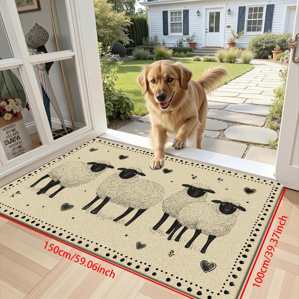 Funny Sheep Welcome Mat 4 Sheep Flowers Hearts Soft Non-Slip Washable Kitchen Rug Bedroom Entrance Home Decor Floor Mat 1PC