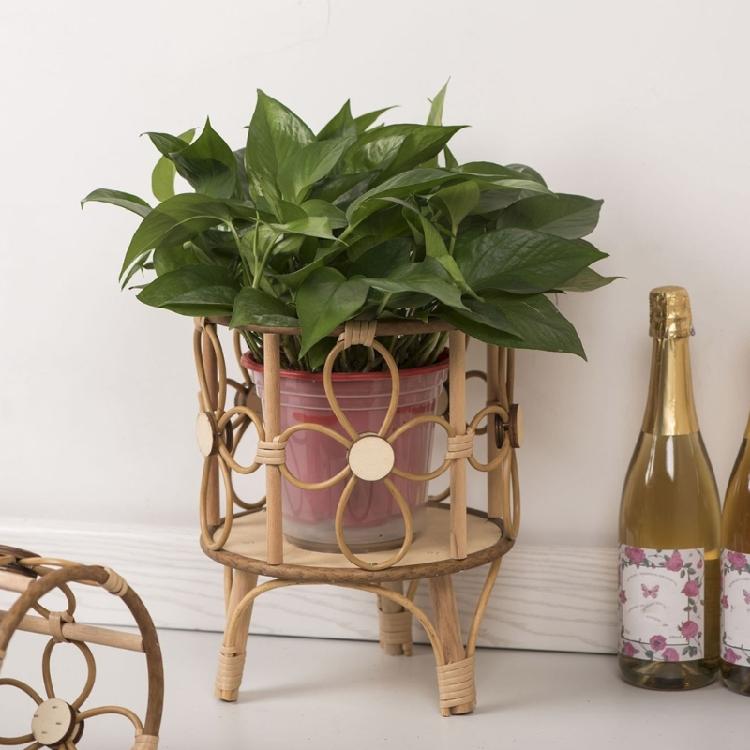 Rattan Indoor Plant Stand Straw Woven Flowers Pots Holder Stool with Legs Floor Planter Baskets Rack Wood Plant Shelf