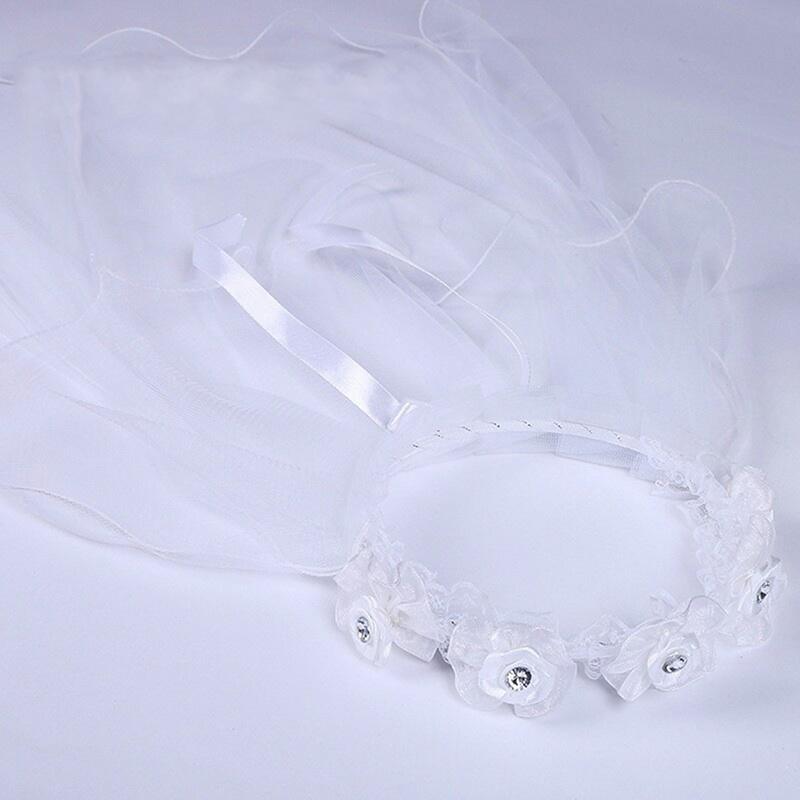 Tulle Lace Veil for Girls Flower Bow Headband Wedding Baptism Veil Princess Costume Accessory for Dance Performance Party