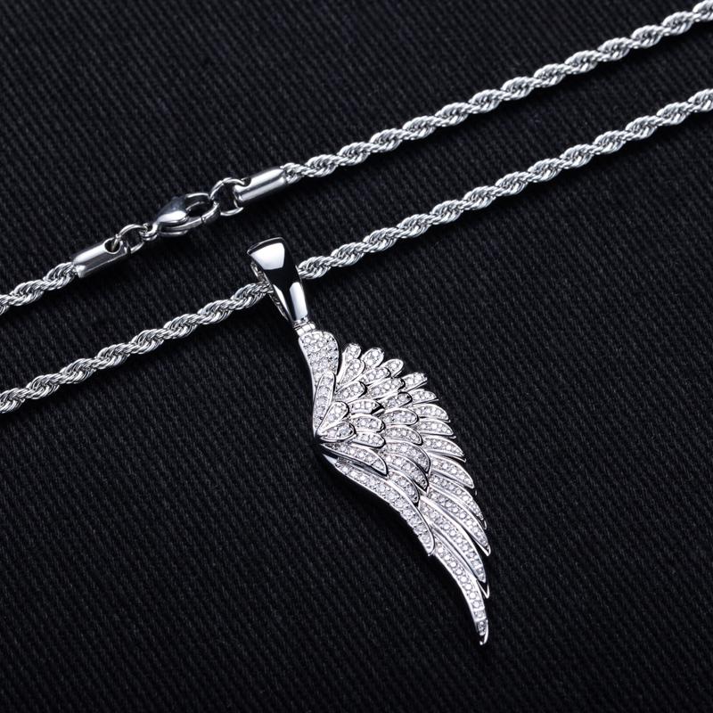 MossanRappr Sparkling Moissanite Iced Out Angel Wing Pendant Gold Plated Trendy Hip Hop Necklace Jewelry Gifts for Men Women