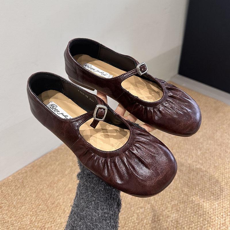 Fashion Fashion Pleated Women Mary Janes Flats Shoes Soft Female Round Toe Footwear Buckle Ladies Flats Shallow Shoes