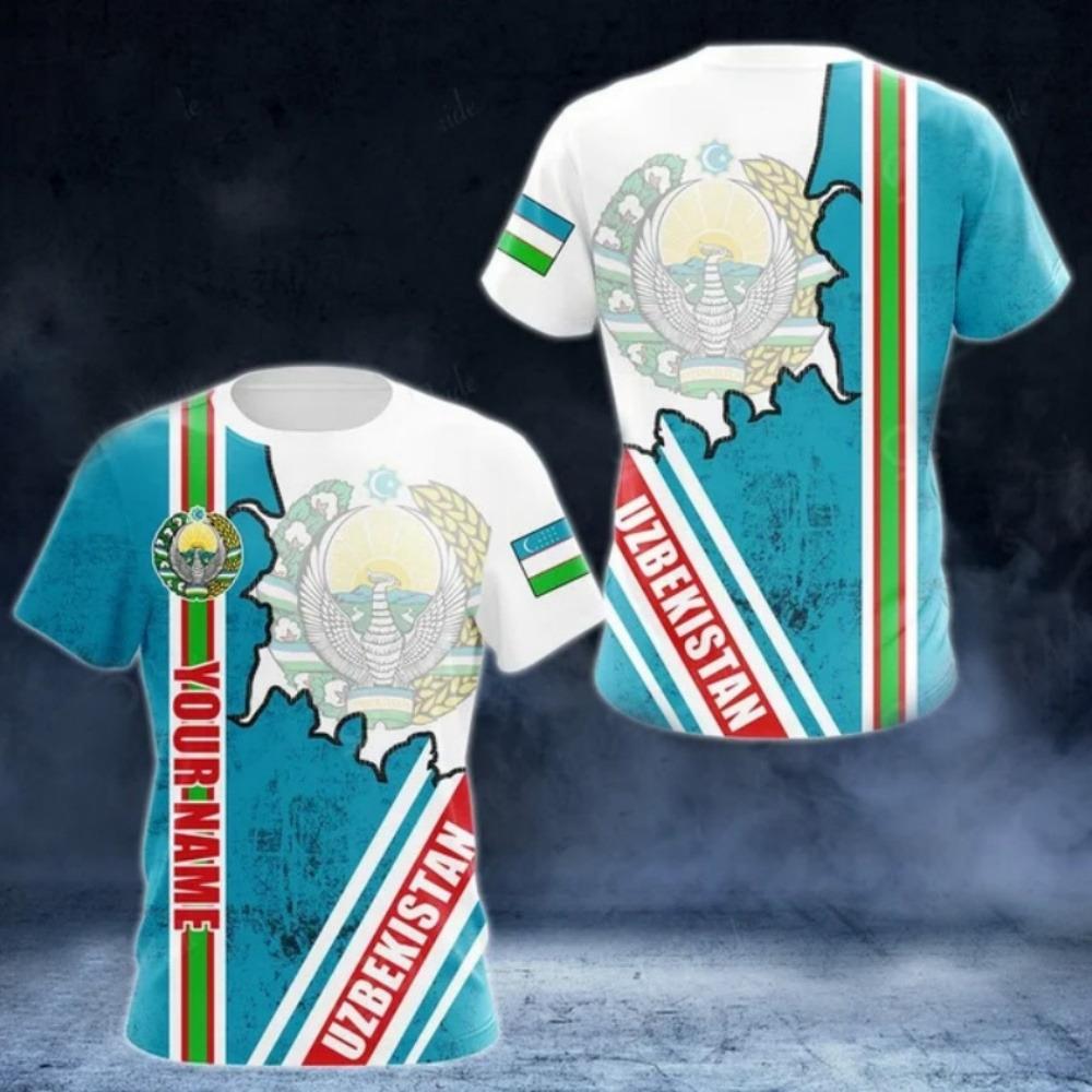 Men Uzbekistan National Flag Print T-Shirt Football Sports Pattern T-Shirts Casual Short Sleeve O-Neck Loose Soccer Fans Tees