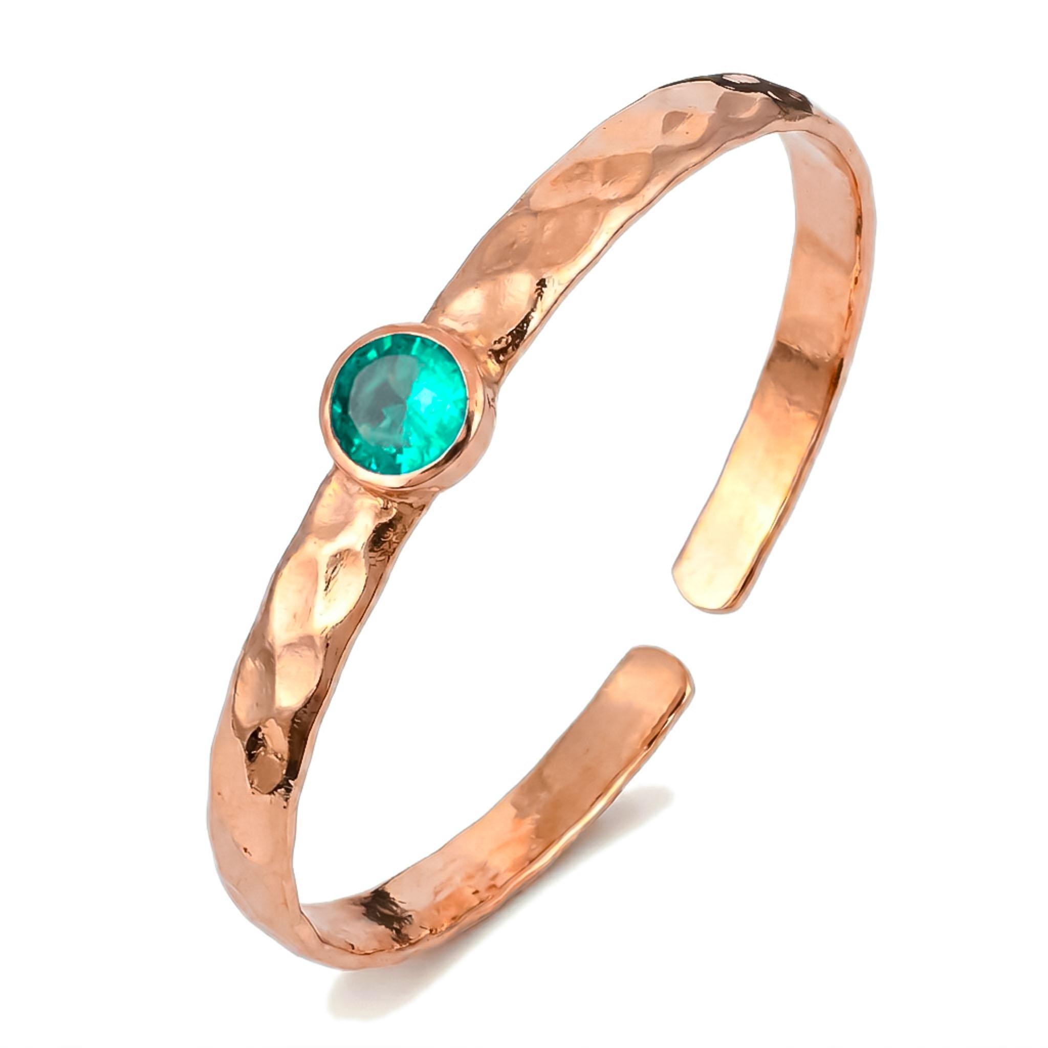 

Handmade Hammered Copper Cuff Bangle with Round Green Quartz Gemstone Adjustable Artisan Bracelet