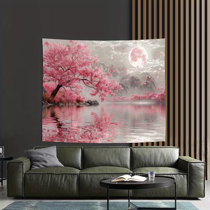 

2D Misty Mountain Cherry Blossom Lake Tapestry for Calm & Dreamy Room Decor 47.2x31.5inch/120*80cm
