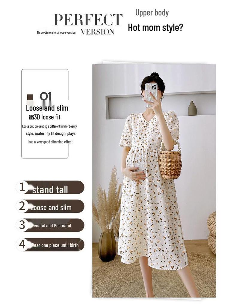 Summer Floral Maternity Dress: Petite, Short-Sleeved, Casual, Age-Reducing, Mid-Length