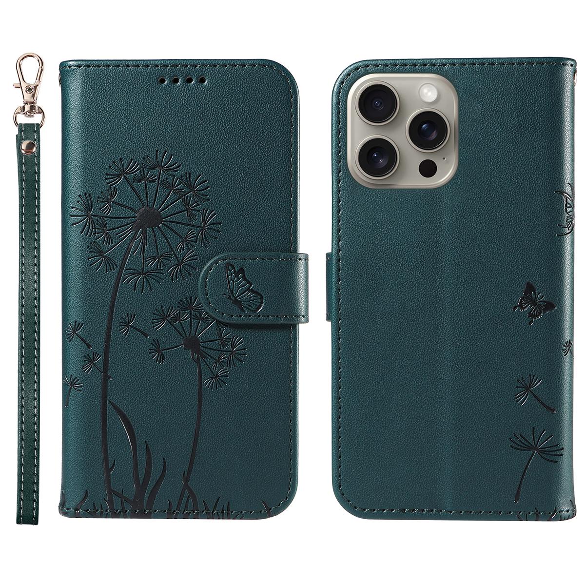For iPhone 15 Pro Max Leather Case Wallet Phone Cover Dandelion Imprint E