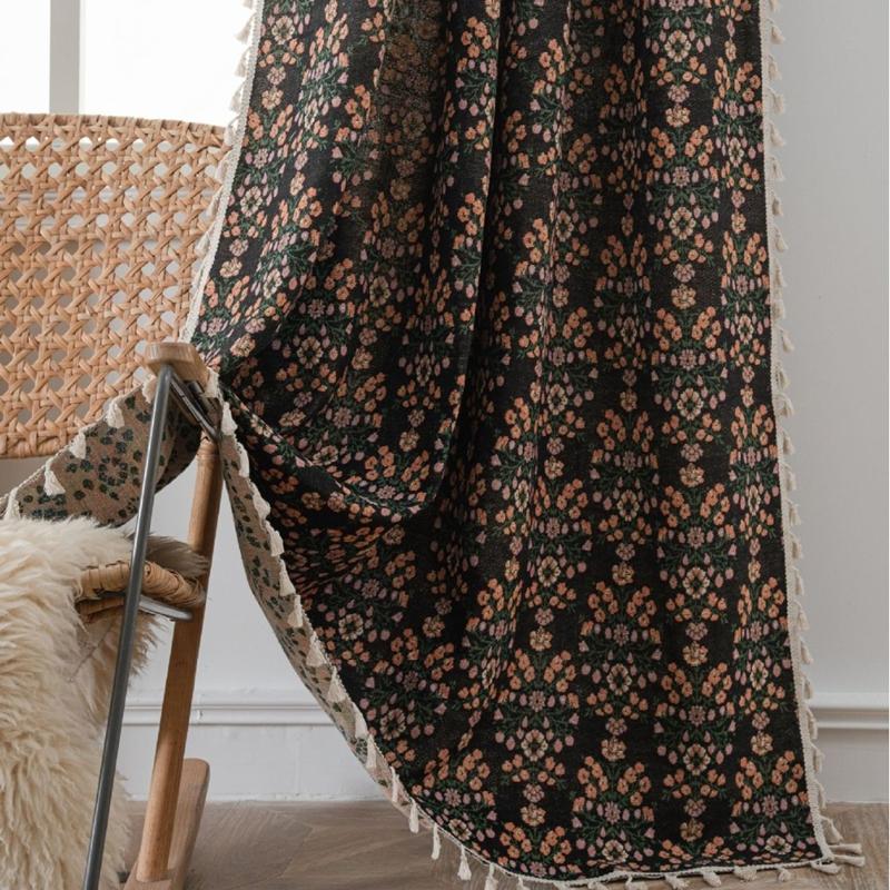 

Living Room Bedroom Curtains Black Jacquard Flower Fringe Curtain Finished Kitchen Valance Bay Window Semi-shading Decoration W150 x H160cm&Rod Pocket