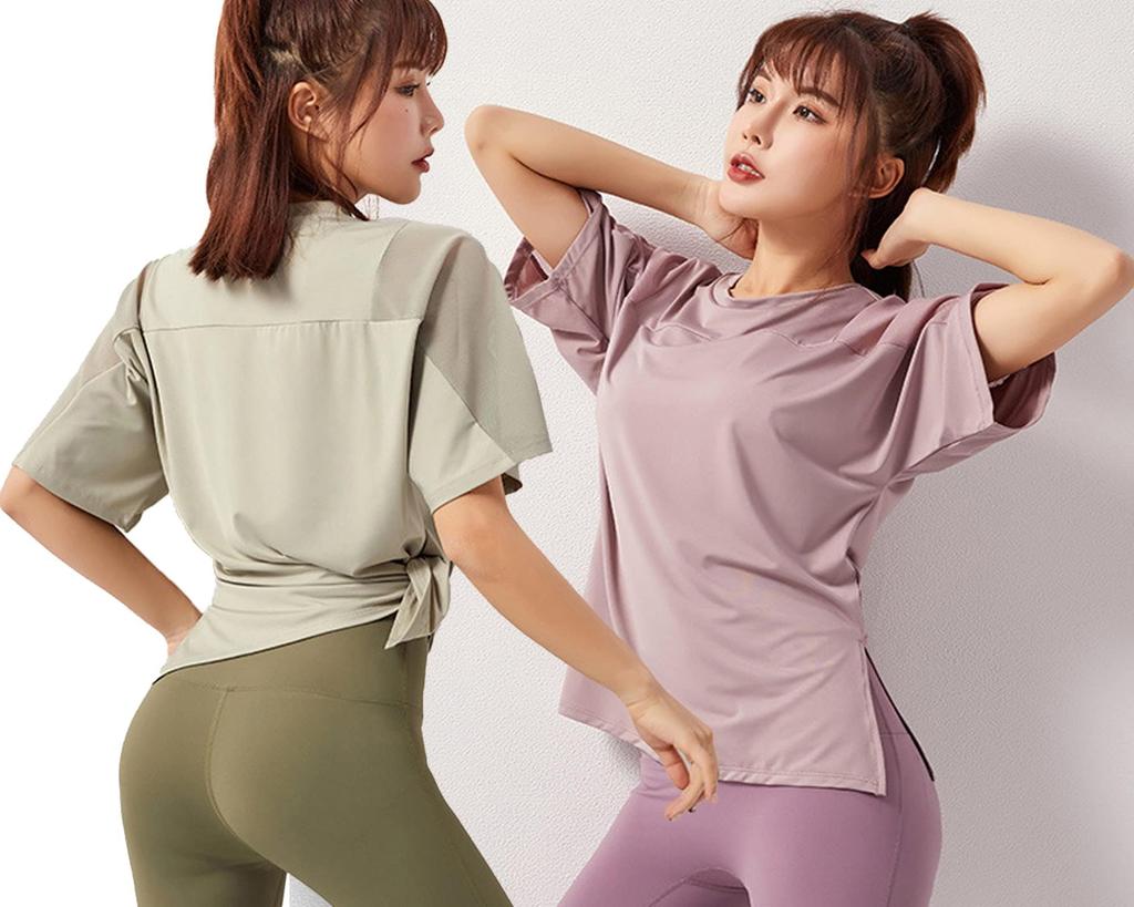 Yuoku Sports Yoga Loose Fit Training Short Shirt, Wear, Top, Women's, Figure-Contoured T-Shirt, Mesh, Wear, Sleeves, Slit, Stretch, Quick-Drying,